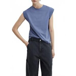 Mango 100% Cotton Embroidered Sleeve T-Shirt Maria Blue NWT Medium